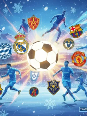 Dynamic European football transfer market in winter 2026 with club crests and player silhouettes.