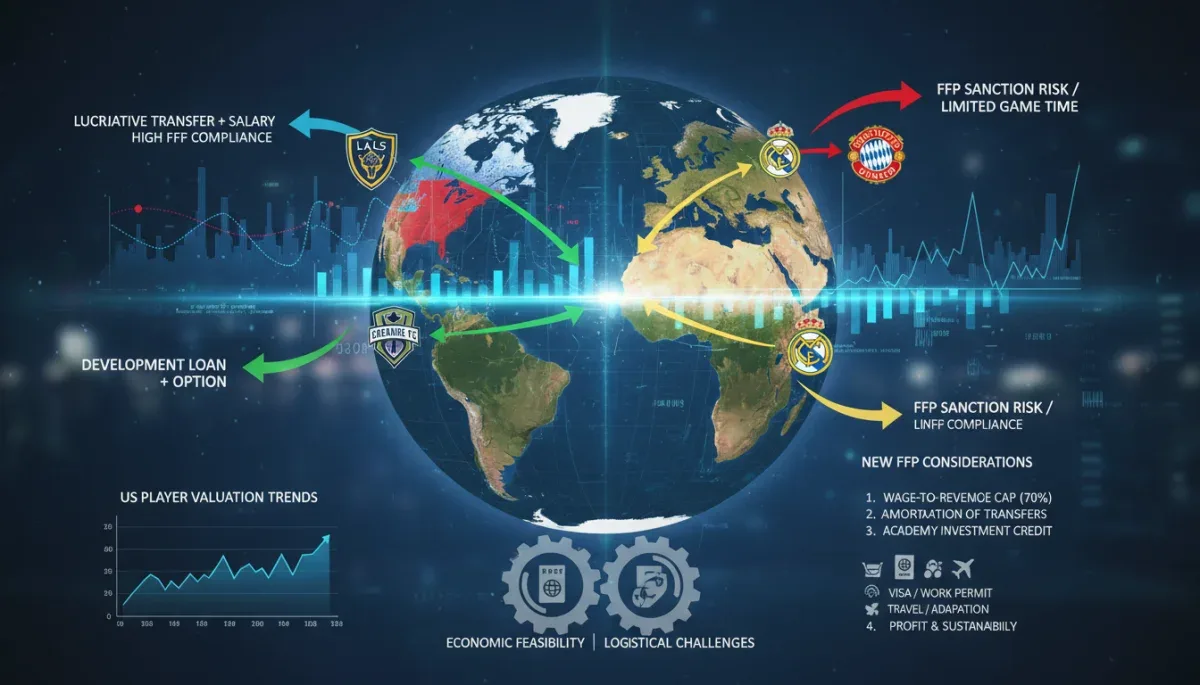 Financial graphs and club badges illustrating player transfers under FFP
