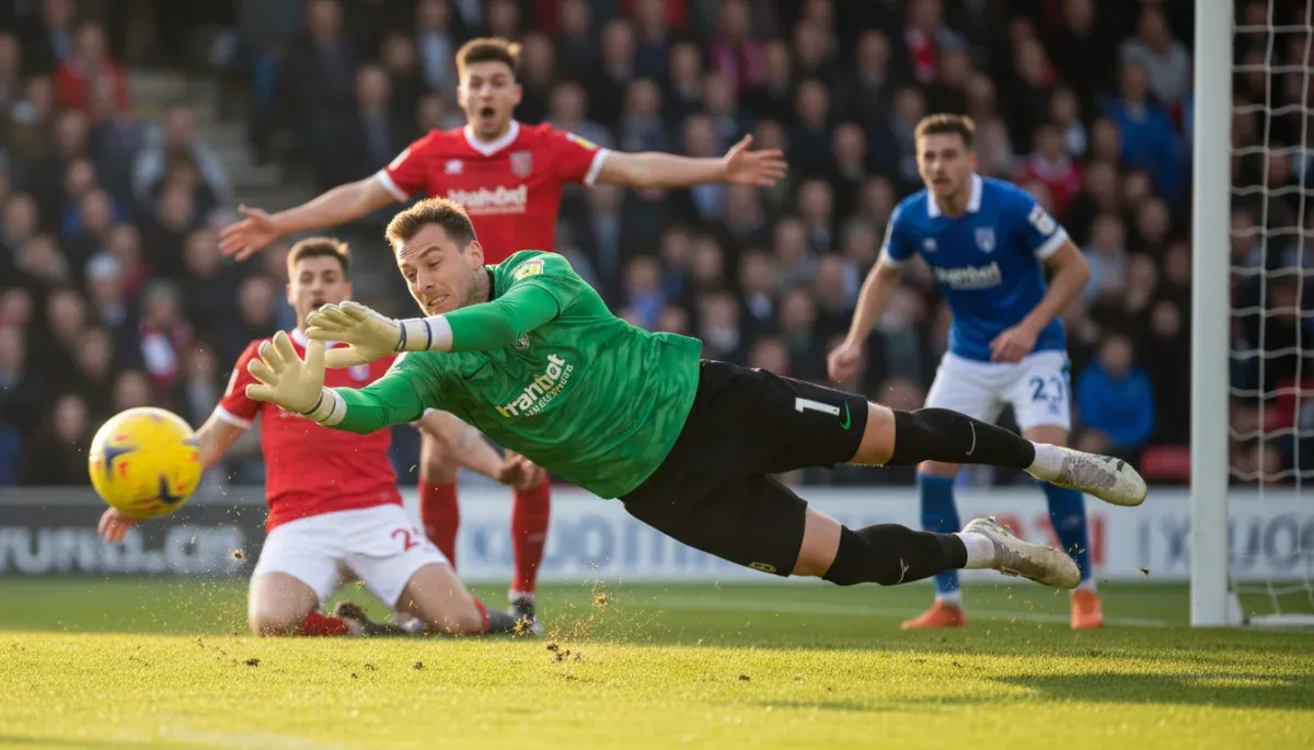 Goalkeeper diving to parry a low shot during a soccer game
