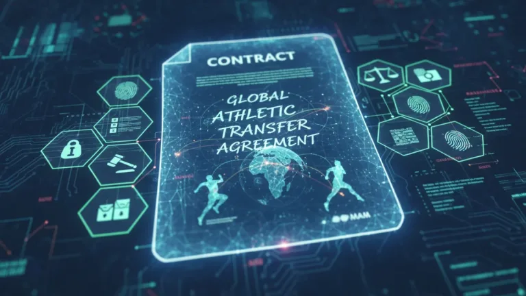 Futuristic digital contract with global sports transfer theme