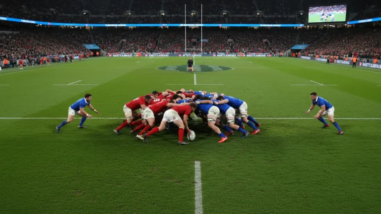 Rugby scrum in intense international match, showcasing strategic dominance.