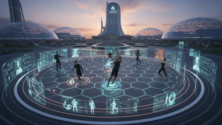 Athletes training with futuristic data overlays, symbolizing advanced player profile potential in 2026.